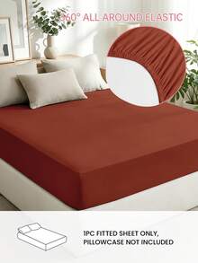 HONEYMOON 1pc Solid Color Soft Fitted Sheet, 100% Polyester Fabric, Lightweight Cloud-Like Touch Bedding Mattress Cover, Elastic Band Around, Suitable For 9-12 Inch Depth Mattress, Soft And Breathable, Machine Washable, Shrink-Resistant, Fade-Resistant, All-Season Use, Different Sizes Suitable For Home And Dorm, Back To School Dorm Essential, Terracotta - Reddish-brown - View 2
