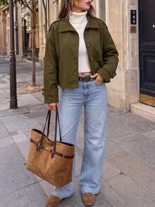 Women Fall Elegant Lapel Long Sleeve Jacket, Epaulet Button Cuff Cropped Loose Fit Daily Street Vacation Outerwear - Army Green - View 9