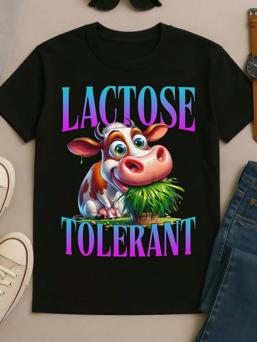 Lactose_Tolerant_Funny_Cow_Meme_Graphic_Tee - 黑色 - 查看 1