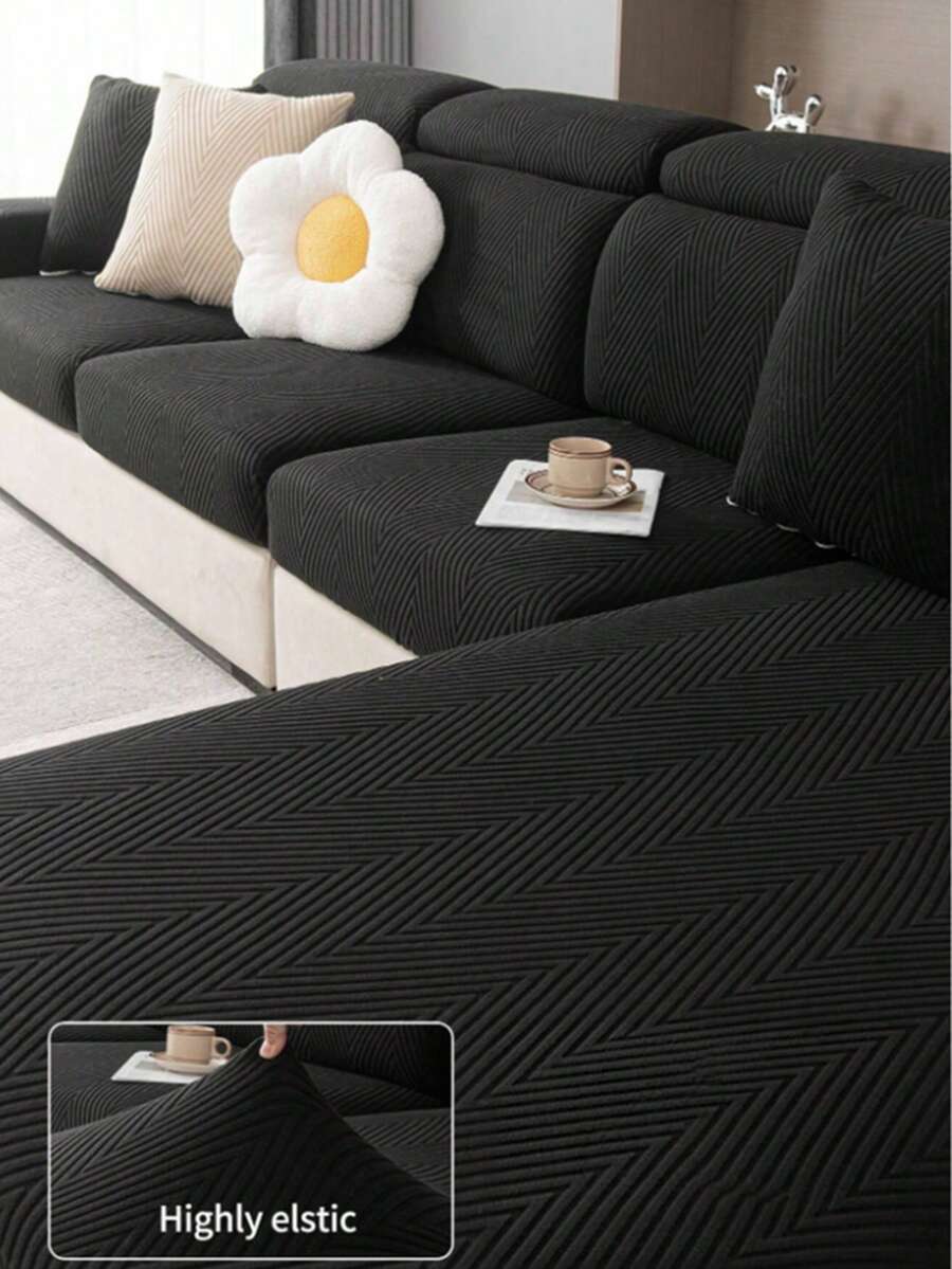 1PC Fleece Jacquard Sofa Cushion Cover, Decorative Elastic Sofa Cushion Cover With Jacquard Line Design, Simple And Elegant, Machine Washable, Suitable For L-Shaped Sofa 1/2/3/4 Seater, All Seasons - Dark Grey - View 1