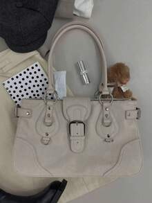Tas Bahu Kapasitas Besar Gaya Punk Y2K, Tas Tangan Kulit Sintetis dengan Dekorasi Paku Keling & Gesper, Tas Tote Streetwear Gothic untuk Wanita (Tidak Termasuk Liontin atau Stiker) - Dark Grey - View 5