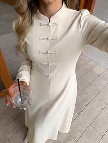 Women's Apricot Non-Stretch 2 Pieces Set: Stand Collar Frog Button Long Coat And Pants, Suitable For Casual Daily Wear - Apricot - View 8