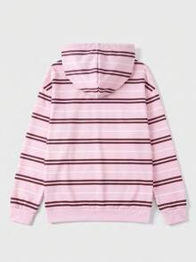 Women's Colorblock Striped Drawstring Loose Fit Oversized Hooded Sweatshirt, Casual Pocket Loose Style Pink - Pink - View 8