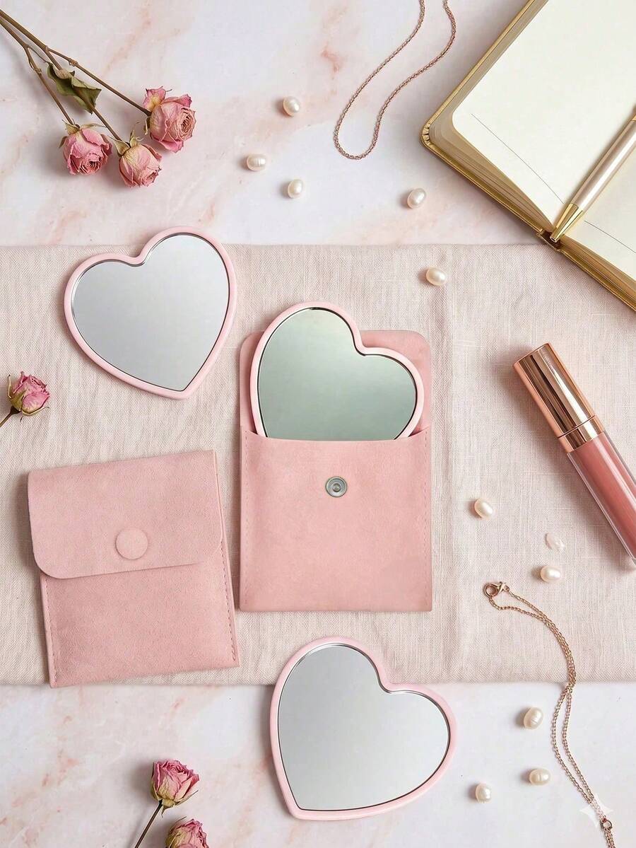 Heart-Shaped Makeup Mirror And Cosmetic Bag Set, Purple Makeup Mirror With Exquisite Matching Cosmetic Bag, Portable Makeup Mirror Set, Suitable For Women, Party Gift, Women Birthday, Holiday Gift - Multi-color - View 1