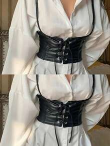 1件可調節彈性黑色復古腰帶，女款修身配件，適合搭配洋裝與連身褲，西部牛仔風收腰塑形腰帶，適合萬聖節派對 - 黑色 - 查看 8