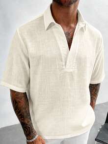 GloMan Men's White Linen Blend Half Placket Henley Collar Short Sleeve Shirt, Breathable For Summer, Suitable For Beach, Vacation, Daily Wear, Halloween, Christmas, Gift For Husband/Father - Apricot - View 6
