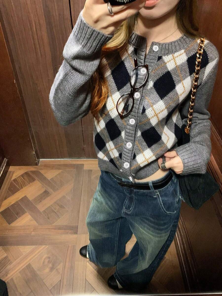 Vintage Plaid Round Neck Knitted Cardigan Women Autumn Korean Style Slimming Versatile Sweater Jacket - Grey - View 1