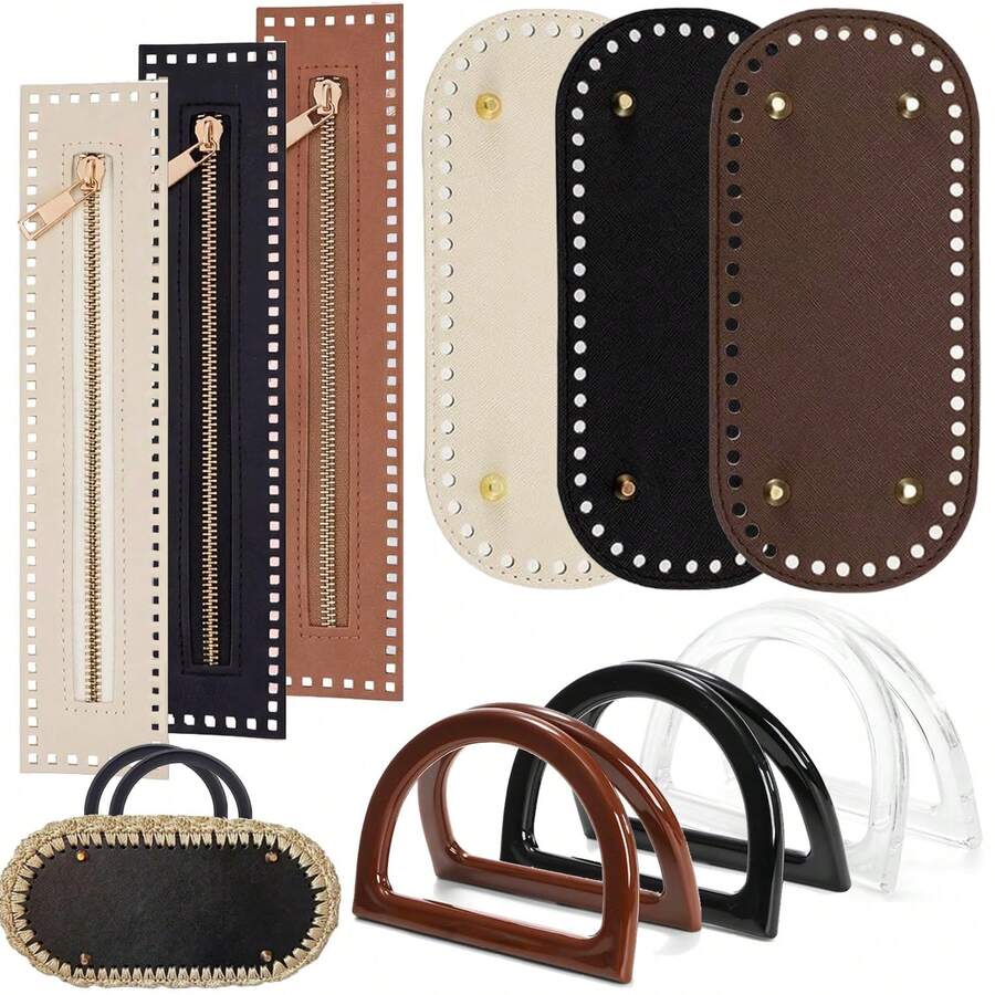 12Pcs/Set Crochet Bag Making Kit Include 6Pcs D-Shape Bag Handles 3Pcs PU Leather Bag Bases 3Pcs Crochet Zippers For DIY Purse Handbag Crafts - 12Pcs/Set - View 1