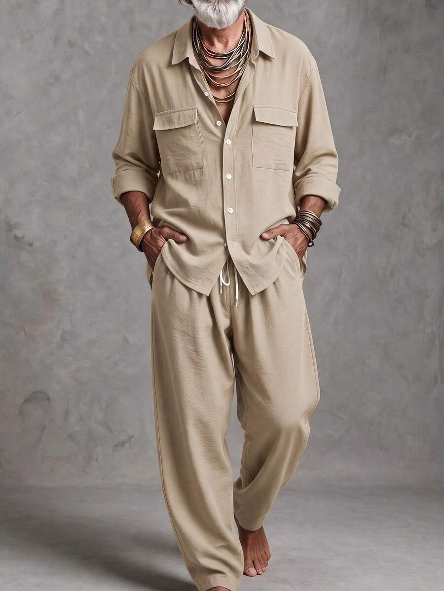 GOLDREDY Men's Solid Color Double Pocket Loose Fit Long Sleeve Shirt And Pants Casual Fashion Minimalist Suitable For Ramadan Outings Commuting Street Style Summer New 2-Piece Set - Champagne - View 1