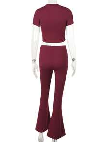 Women's Autumn Fashion Solid Color Casual Ribbed Short Sleeve Top And Straight Leg Pants 2 Pieces Set - Burgundy - View 7