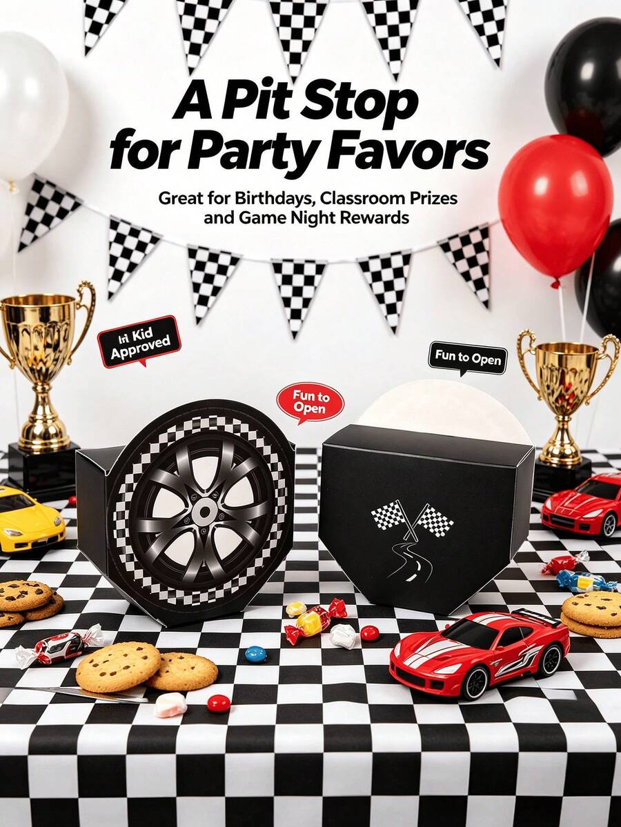 10/5/1pc Racing Tire Shaped Mini Gift Box, Black And White Checkered Flag, Boys Birthday Party, Candy And Cookie Favor Box, Racing Theme Gift Box Suitable For Racing Party, Birthday Party, Wedding Guest Return Gift, Birthday Dessert Packaging, Gift Box, Packaging Box, Party Supplies, Candy, Strawberry Cake, Room Decor, Home Decor, Wedding, Home Essentials, Camping Essentials - Multiple Styles - View 1