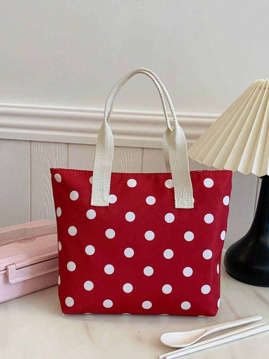 Student Portable Insulated Lunch Bag, Thickened Cute Fruit Lunch Bag With Polka Dot Print Pattern - Red - View 1