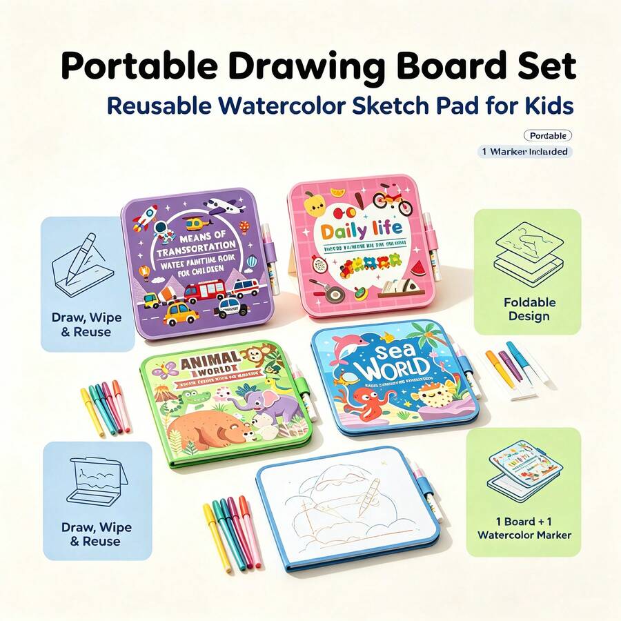 Portable Children's Drawing Board Set, Reusable Watercolor Sketch Board With 1 Watercolor Marker, Foldable Educational Writing Board, Suitable For Children's Home, Travel, Party DIY Creative Activity Board - Multicolor - View 1