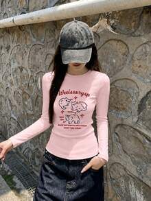 Pink Short Crew Neck Regular Shoulder Long Sleeve T-Shirt For Women, Minimalist Cat & Letter Print, Early Autumn Base Layer Slim Fit Versatile Top - Pink - View 5