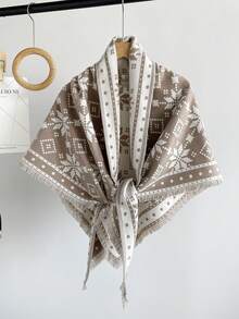 1PcWomen Winter Snowflake Geometric Print Fringe Triangle Shawl, Soft Imitation Cashmere Warm Wrap Scarf, Versatile Outer Cape For Fall Daily Outfit - Multicolor - View 9