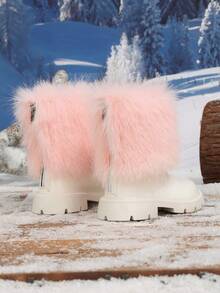 Girls' Pink Fluffy Fur Trim Round Toe Back Zipper Design Warm Comfortable Ankle Boots, Suitable For Daily Wear - Pink - View 7