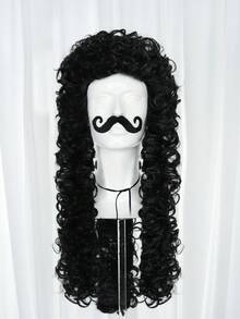 Black Long Curly Pirate Costume Wig Set, Historical Colonial Curly Wig With Fake Handlebar Mustache, Men Cosplay Wig For Halloween Theme Party Dress‑Up Role Play - Multicolor - View 4