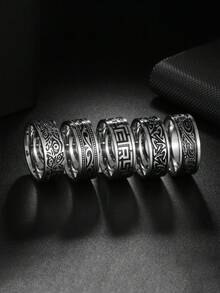 5 Pcs/Set Vintage Stainless Steel Men's Ring Set, Wisteria & Wave Patterns - Ring 5-piece Set - View 1
