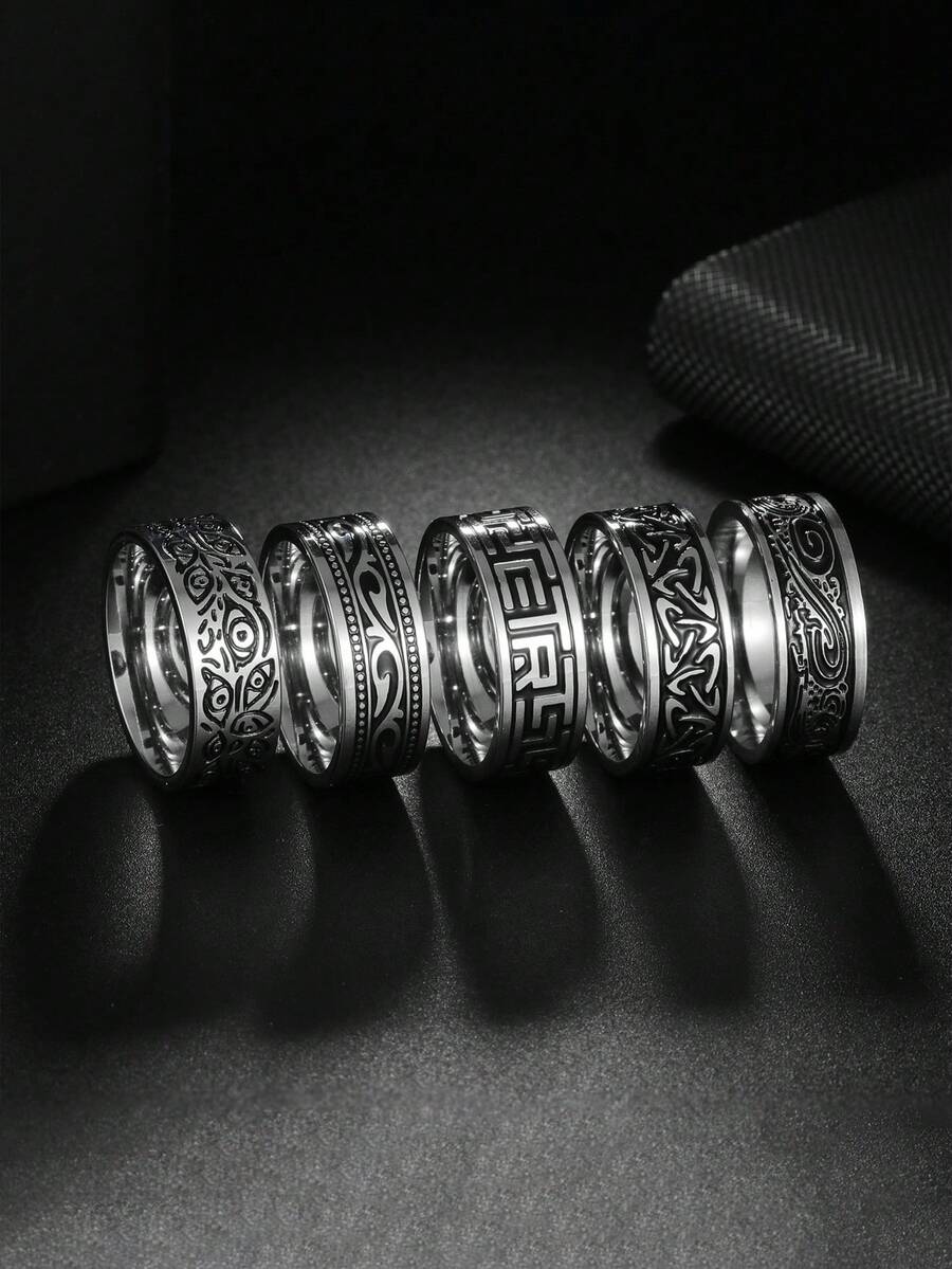 5 Pcs/Set Vintage Stainless Steel Men's Ring Set, Wisteria & Wave Patterns - Ring 5-piece Set - View 1