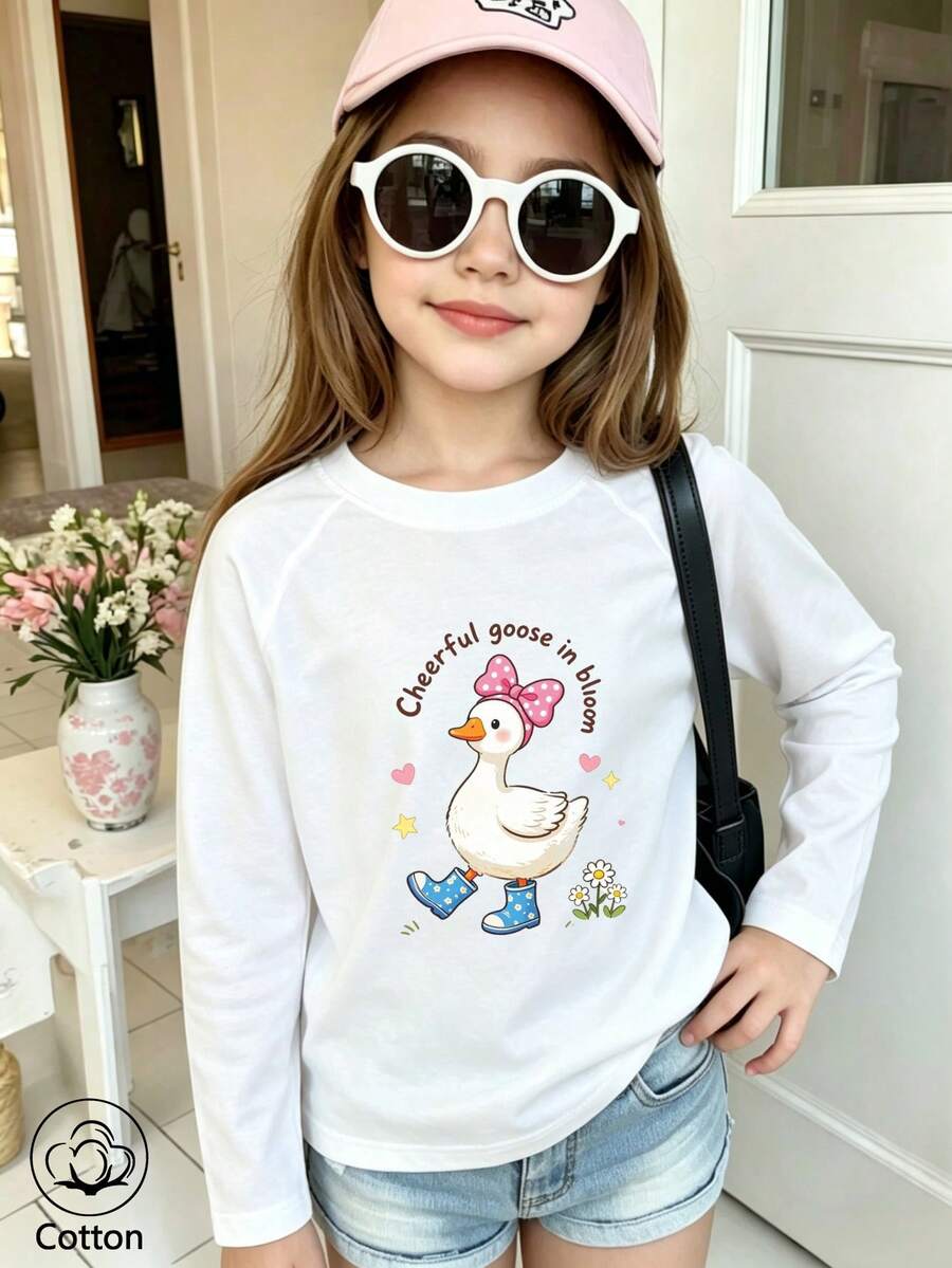 تي شيرت قطني طويل الأكمام للبنات، بأسلوب الخريف/الشتاء، يتميز بتصميم إوزة كرتونية لطيفة، بأسلوب بريبي حلو وساحر - أبيض - مشاهدة 1
