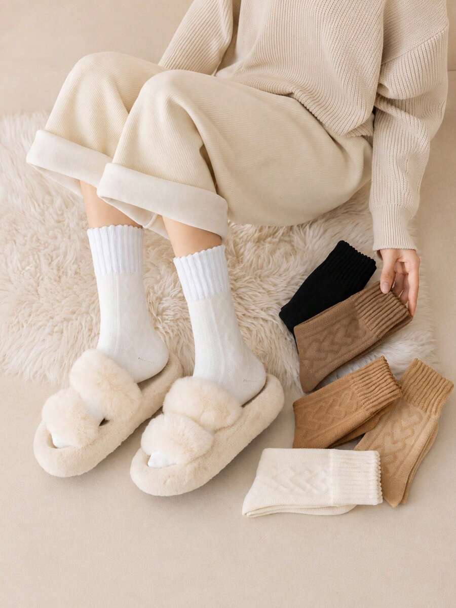 Random 5 Pairs Women's Maillard Earth Tone Vintage Cable Knit Mid-Calf ...