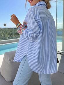 Women's Autumn Striped Long Sleeve Drop Shoulder Shirt With Print Pattern, Pockets And Cuffs, Regular Fit Polyester Blouse - Blue - View 2