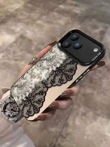 Black‑White Contrast Lace Floral Print Phone Case Compatible With Iphone, Semi‑Transparent Mirror‑Like Back Panel, Retro Spliced Black And White Lace Flower Pattern, Large View Black Camera Protective Frame, Letter Print On Side Edge,Great For Daily Dating Party Holiday Gifting, Compatible With IPhone11 12 13 14 15 16 17 Pro & Pro Max, IPhonePhone Case, IPhone17 Case, Aesthetic Smartphone Case - Black - View 4