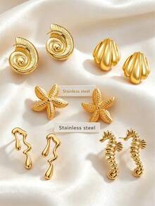 1 Set (2 Pairs/5 Pairs) Stainless Steel Shell & Starfish Shaped Beach Style Earrings, Suitable For Women To Wear At Parties Or Beach Vacations, Also As A Holiday Gift For Her - Gold - View 2