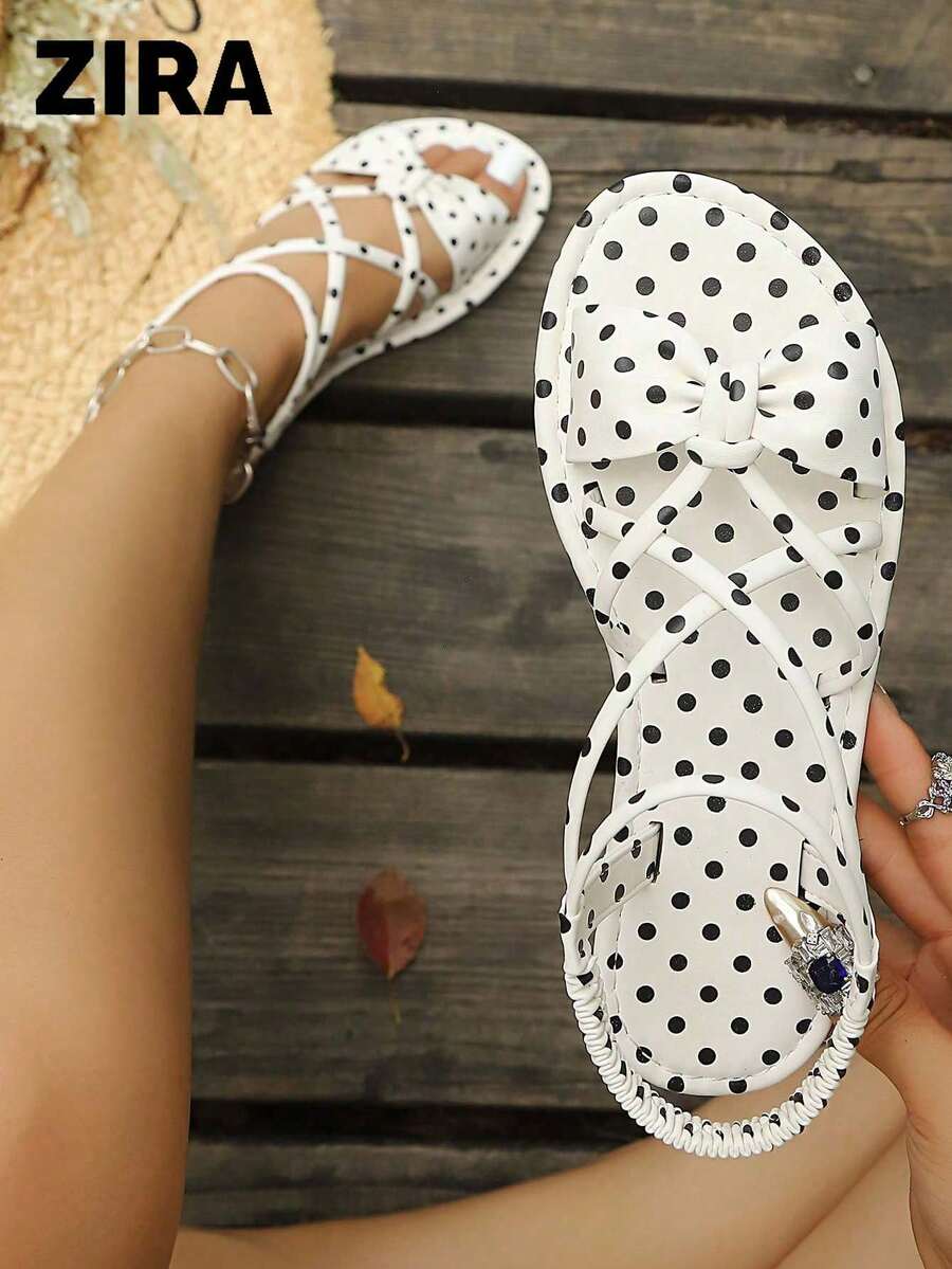 Zira26 Spring/Summer Vintage Polka Dot Cross Strap Small Bow Elastic Back Strap Flat Sandals Comfortable For Dating Picnic Outing White Sandals Black Sandals