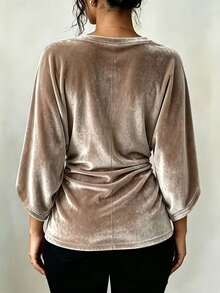 Plus Size Women's V-Neck Velvet T-Shirt, Batwing Sleeve With Split Cuff And Side Ruched Detail, Solid Color Casual Top - Camel - View 6