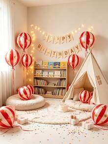 6pcs Carnival Circus Decorative Balloons, 4D Red Round Foil Balloons With Stars And Stripes, With Ribbons, Suitable For Christmas Party Decoration, Birthday Party, Wedding, New Year, Event Atmosphere Decor, Photo Props - 22-inch Red Star Striped 4D Ball 6-piece Set - View 2