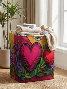1PC Storage Basket, Laundry Hamper, Washing Basket, Storage Bucket, Heart‑Pattern Printed Design, Storage Basket With Wooden Handle, Foldable Multi‑Purpose Storage Bin, For Daily Clothes Storage & Organization - Multicolor - View 9