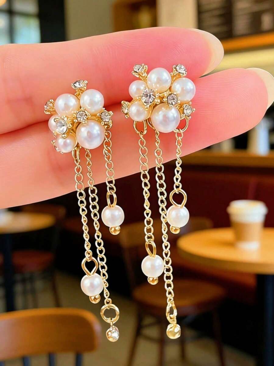 1 Pair French Style High-End Gold-Tone Rhinestone Flower & Pearl Long Tassel Earrings, Luxury Delicate Classic Fashion Earrings For Daily Wear - Earring - View 1