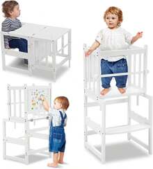Torre multifuncional 3 en 1 para niños pequeños, taburete de cocina con pizarrón blanca, mesa de computadora y silla, disfruta de un diseño patentado único, CPC, SOR, CE, blanco - Blanco - Ver 1