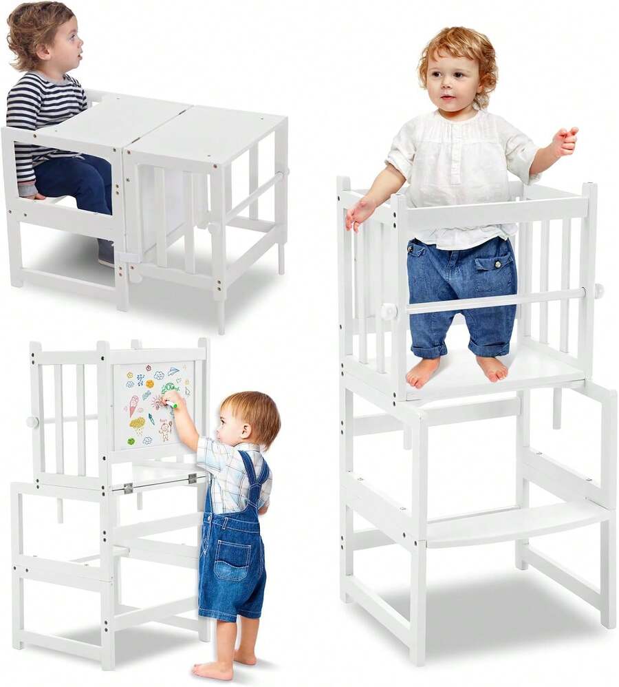 Torre multifuncional 3 en 1 para niños pequeños, taburete de cocina con pizarrón blanca, mesa de computadora y silla, disfruta de un diseño patentado único, CPC, SOR, CE, blanco - Blanco - Ver 1