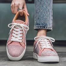 Sepatu Sneakers Pria dan Wanita Model Low Top Bertali dengan Hiasan Berlian Imitasi dan Patchwork, Sol Tebal, Sepatu Kasual Cocok untuk Perjalanan Sehari-hari, Gaya Jalanan, dan Jalan-jalan Akhir Pekan - Berwarna merah muda - View 2