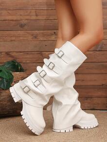 Women's Loose Ruched Stacked Boots With Multiple Buckle Design, Thick Sole Height-Increasing Riding Boots, White Retro Tall Boots - White - View 4