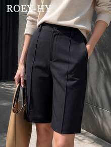 1pc Women's Solid Color High Waist Suit 5-Point Pants, Front Center Line Pleated Draped Slimming Straight Leg Mid-Length Trousers Black Summer - Black - View 5