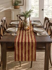 1PC Vintage Red Stripe Linen Table Runner, Beige Burgundy Rustic Farmhouse Table Runner, Classic Woven Look Dining Table Centerpiece Decor For Kitchen, Dining Room, Thanksgiving, Christmas, Holiday Party And Everyday Home Decoration - Distressed Stripes - View 1