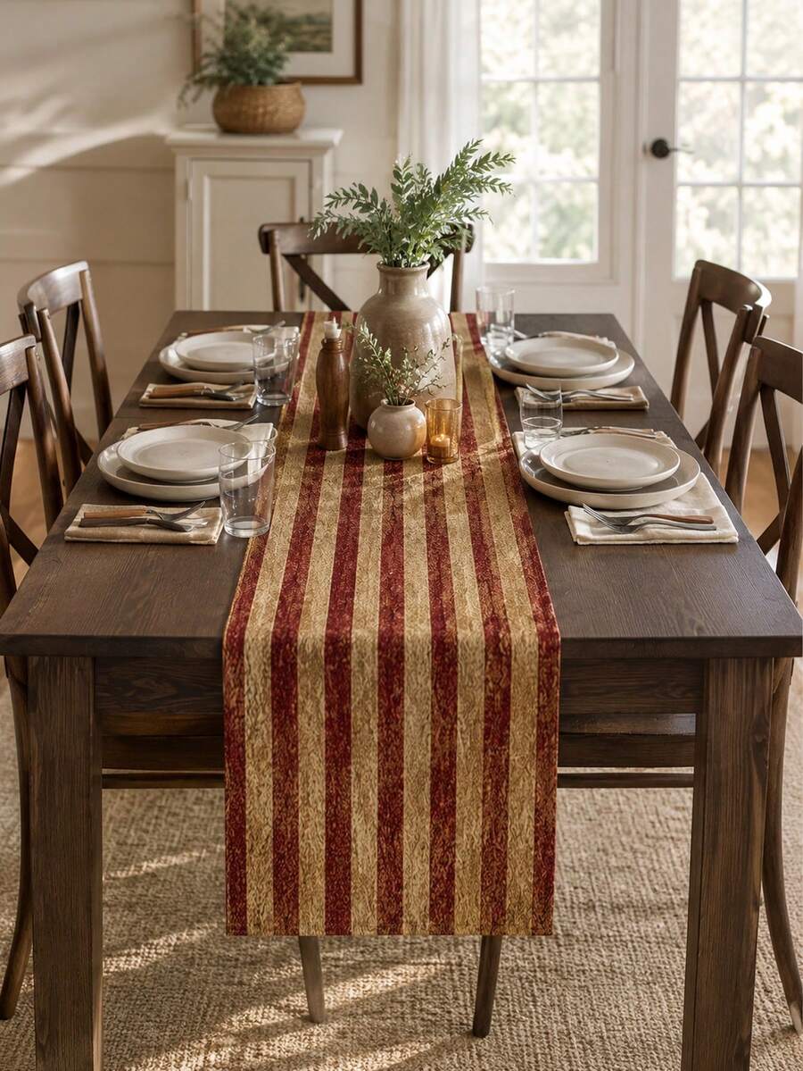 1PC Vintage Red Stripe Linen Table Runner, Beige Burgundy Rustic Farmhouse Table Runner, Classic Woven Look Dining Table Centerpiece Decor For Kitchen, Dining Room, Thanksgiving, Christmas, Holiday Party And Everyday Home Decoration - Distressed Stripes - View 1