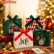 34/68/106pcs Christmas Paper Gift Boxes With Luxury Satin Ribbon Bow, Assorted Xmas Holiday Designs Joy Ho Ho Letter Mini Christmas Tree Bauble Print, Small Festive Holiday Present Boxes For Xmas Gift Giving Party Favor , Includes Christmas Stickers - Multicolor - View 1