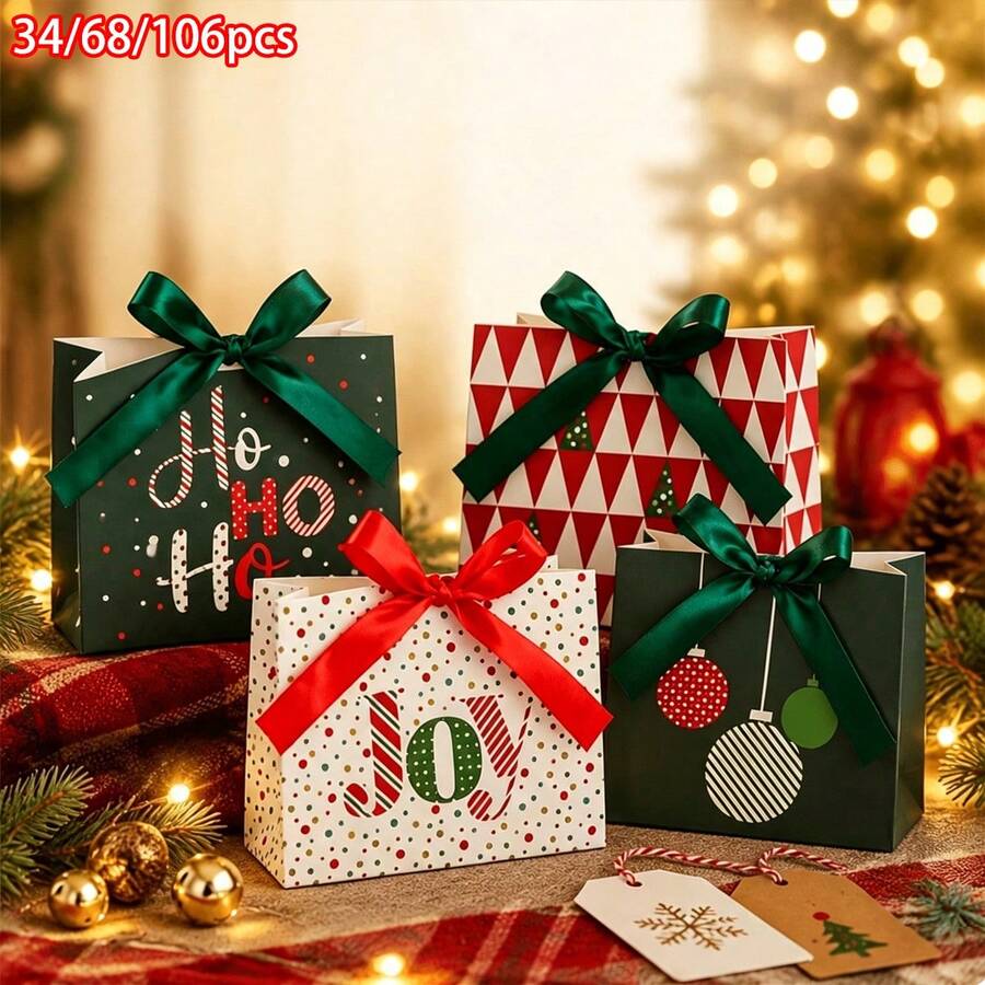 34/68/106pcs Christmas Paper Gift Boxes With Luxury Satin Ribbon Bow, Assorted Xmas Holiday Designs Joy Ho Ho Letter Mini Christmas Tree Bauble Print, Small Festive Holiday Present Boxes For Xmas Gift Giving Party Favor , Includes Christmas Stickers - Multicolor - View 1