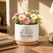 1pc Personalized Teacher Flower Pot, Custom Name Classroom Desk Planter, Customized Office Desk Decoration, Thank You Teacher Gift, Appreciation Gift For Teacher, Classroom Decor, End Of School Year Gift, Back To School Gift - White - View 4