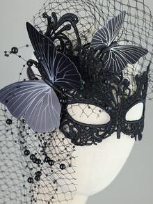 2pcs Gothic Black Lace Butterfly Masquerade Mask Set With Tulle Veil, Halloween Costume Party Hair Accessory Photo Prop - Black - View 6