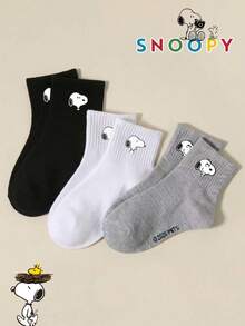 SNOOPY 1/3/6 Pairs Snoop Sock Black/White/Grey Solid Color Small Logo Minimalist Daily Kids Mid-Calf Socks, Fun Christmas Gift Socks - Multicolor - View 3