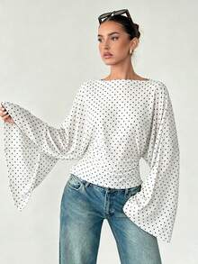 Polka Dot Print Pleated Women's T-Shirt, Casual Versatile Style For Daily Wear And Travel - White - View 2