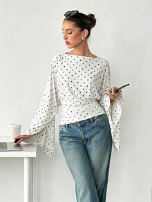 Polka Dot Print Pleated Women's T-Shirt, Casual Versatile Style For Daily Wear And Travel - White - View 1