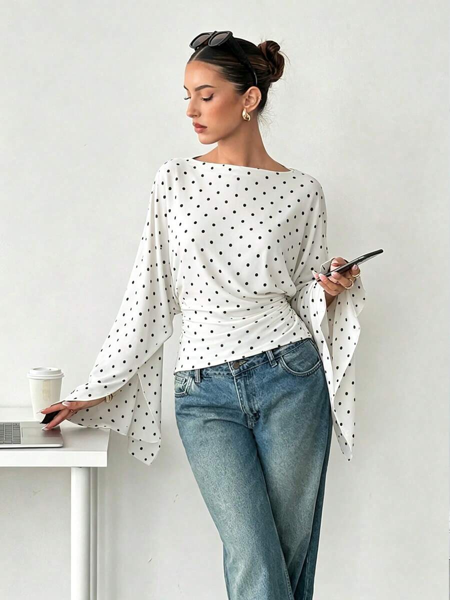Polka Dot Print Pleated Women's T-Shirt, Casual Versatile Style For Daily Wear And Travel - White - View 1