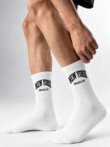1/3 Pairs Random Men's Letter & Number Print Mid-Calf Socks, Collegiate Style Socks, NEW YORK Print Streetwear Socks, Comfortable Breathable Sports Compression Calf Socks - Multicolor - View 5