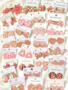 Assorted Random Styles, Cute Pink Enamel Stud Earrings Set, 5 Pairs/10 Pairs Random Sweet Heart, Flower, Star, Cherry Dangle Earrings, Hypoallergenic Stainless Steel Ear Pendant Jewelry, Women & Girls Daily, Vacation, Party Accessories - Pink - View 4
